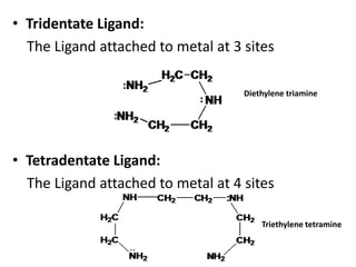 • Tridentate Ligand:
The Ligand attached to metal at 3 sites
• Tetradentate Ligand:
The Ligand attached to metal at 4 sites
Diethylene triamine
Triethylene tetramine
 