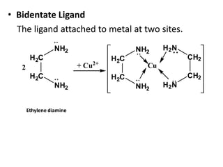 H2C
H2C
NH2
NH2
H2C
H2C
NH2
NH2
CH2
CH2
H2N
H2N
Cu+ Cu2+
2
• Bidentate Ligand
The ligand attached to metal at two sites.
Ethylene diamine
 