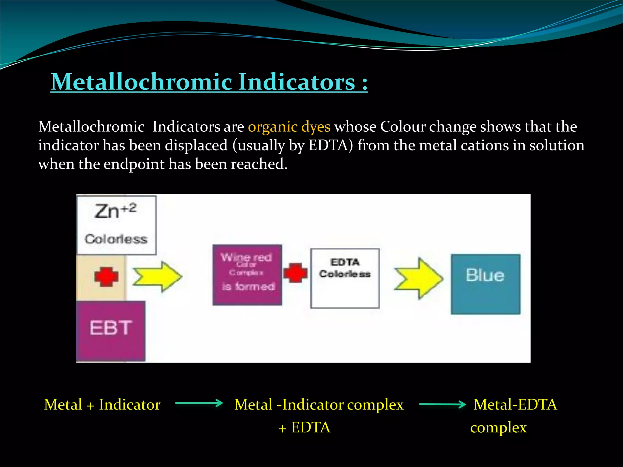 Metallochromic Indicators :
Metal + Indicator Metal -Indicator complex Metal-EDTA
+ EDTA complex
Metallochromic Indicators are organic dyes whose Colour change shows that the
indicator has been displaced (usually by EDTA) from the metal cations in solution
when the endpoint has been reached.
 