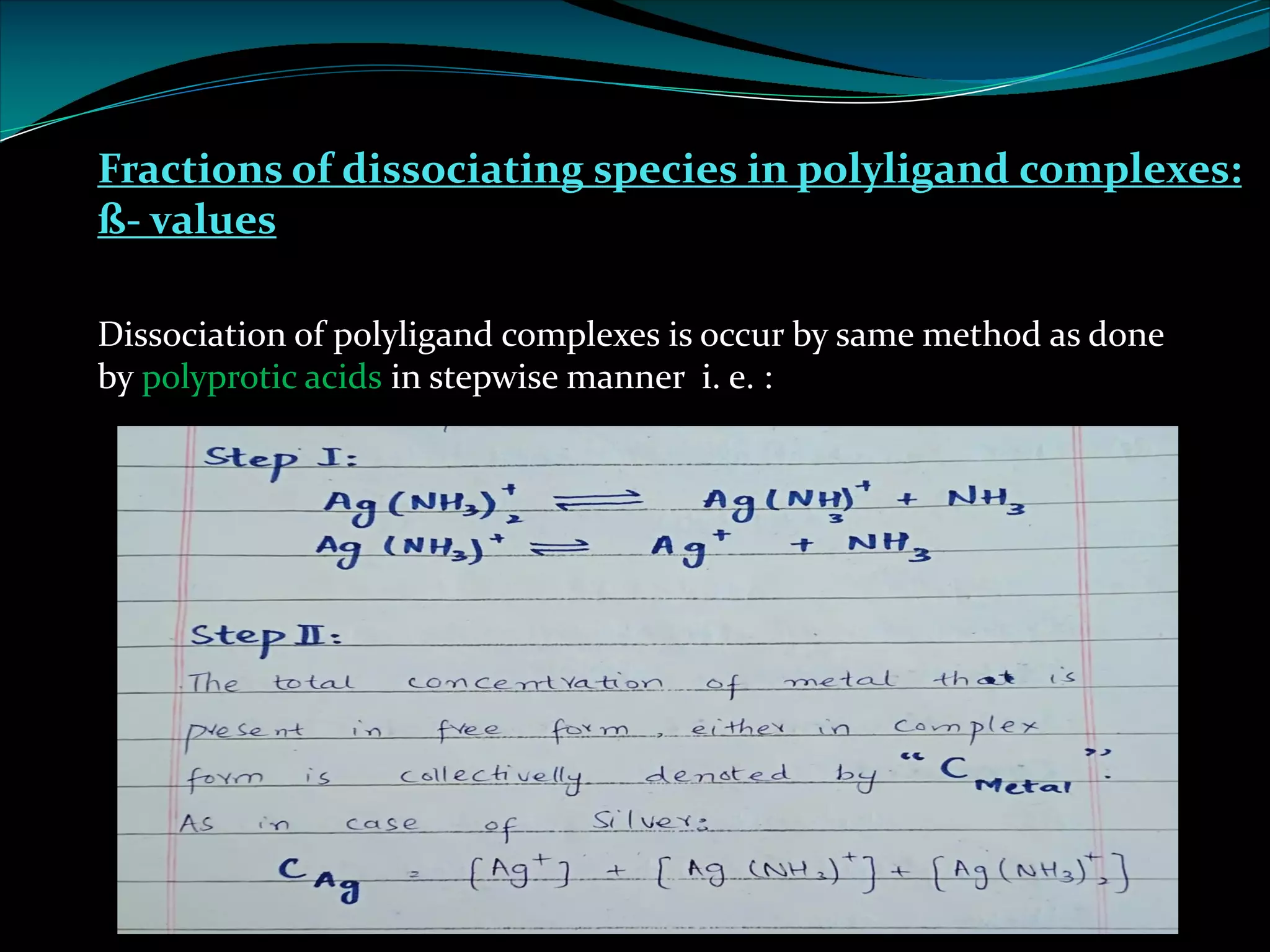 Fractions of dissociating species in polyligand complexes:
ß- values
Dissociation of polyligand complexes is occur by same method as done
by polyprotic acids in stepwise manner i. e. :
 