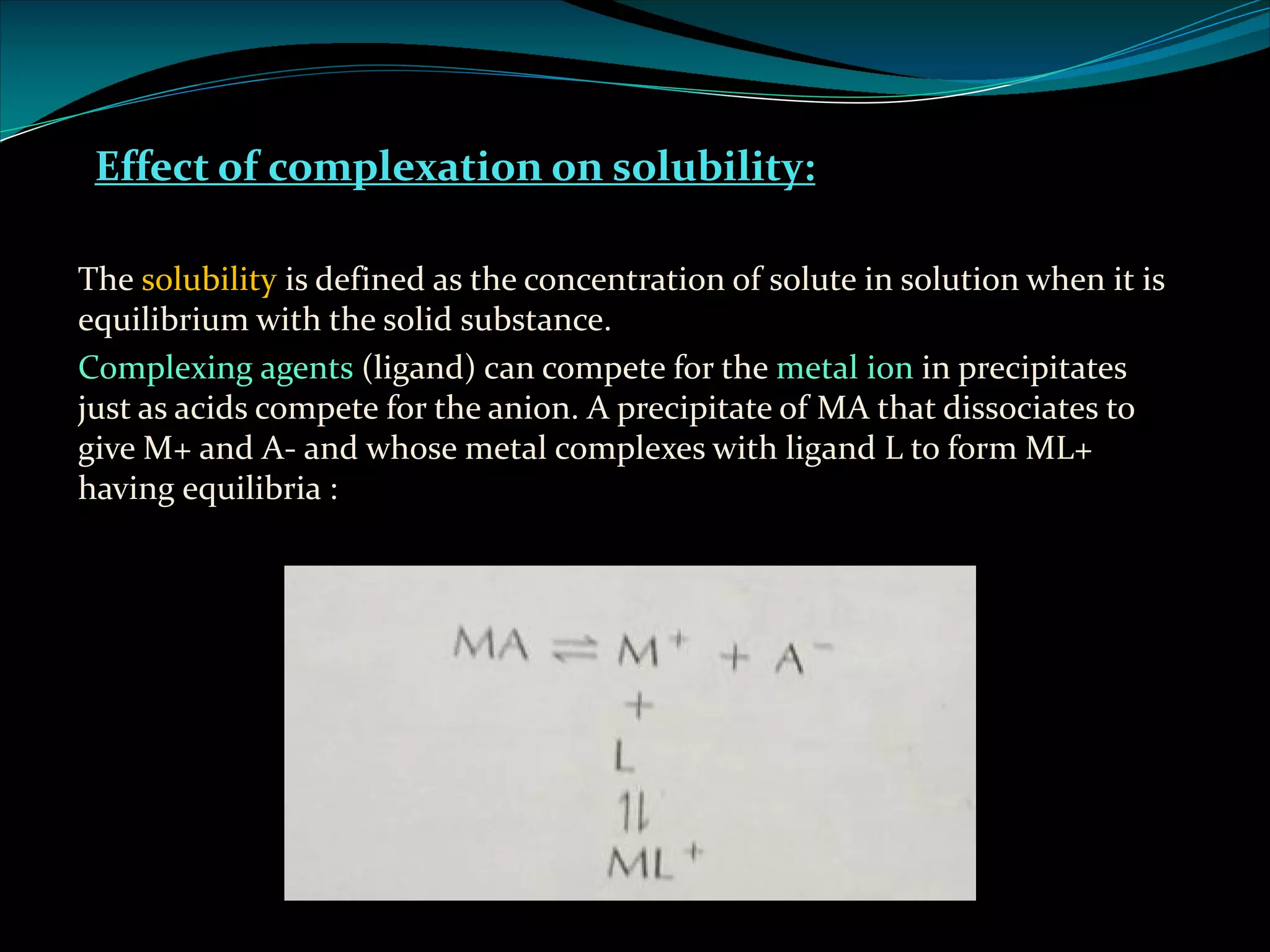 Effect of complexation on solubility:
The solubility is defined as the concentration of solute in solution when it is
equilibrium with the solid substance.
Complexing agents (ligand) can compete for the metal ion in precipitates
just as acids compete for the anion. A precipitate of MA that dissociates to
give M+ and A- and whose metal complexes with ligand L to form ML+
having equilibria :
 