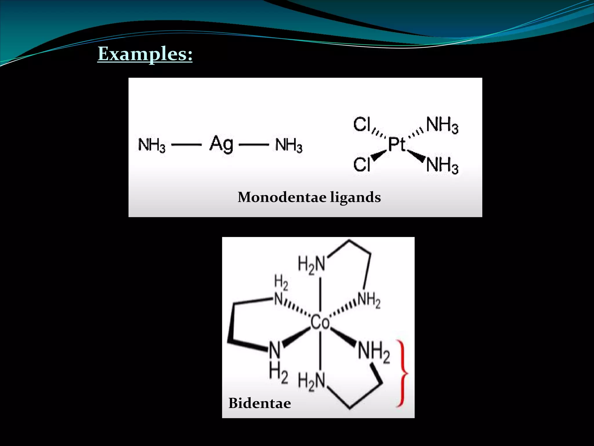 Examples:
Monodentae ligands
Bidentae
 
