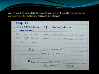 As we want to calculate the fractions , we will use the equilibrium
constants of formation which are as follows:
 