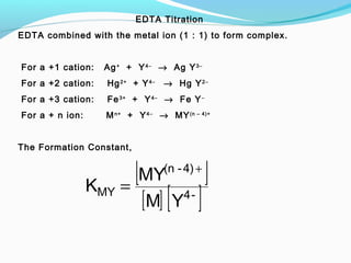 [ ]
[ ] [ ]-4
4)-(n
MY
YM
MY
K
+
=
EDTA Titration
EDTA combined with the metal ion (1 : 1) to form complex.
 
For a +1 cation: Ag+
+ Y4−
→ Ag Y3−
 For a +2 cation: Hg2+
+ Y4−
→ Hg Y2−
 For a +3 cation: Fe3+
+ Y4−
→ Fe Y−
 For a + n ion: Mn+
+ Y4−
→ MY(n – 4)+
 
The Formation Constant,
 