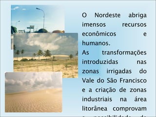 O Nordeste abriga imensos recursos econômicos e humanos. As transformações introduzidas nas zonas irrigadas do Vale do São Francisco e a criação de zonas industriais na área litorânea comprovam a possibilidade de desenvolvimento. 