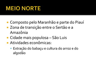  Composto pelo Maranhão e parte do Piauí
 Zona de transição entre o Sertão e a
Amazônia
 Cidade mais populosa – São Luis
 Atividades econômicas:
 Extração do babaçu e cultura do arroz e do
algodão
 