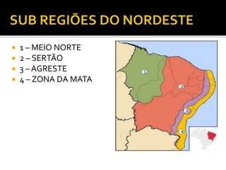  1 – MEIO NORTE
 2 – SERTÃO
 3 – AGRESTE
 4 – ZONA DA MATA
 