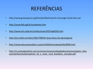 REFERÊNCIAS
•   http://www.greenpeace.org/brasil/pt/Noticias/vit-ria-bunge-rotula-leos-so/

•   http://www.feth.ggf.br/complexos.htm

•   http://www.ichs.ufop.br/conifes/anais/OGT/ogt0102.htm

•   http://pt.scribd.com/doc/56617990/As-duas-faces-do-agronegocio

•   http://www.educacaopublica.rj.gov.br/biblioteca/geografia/0006.html

•   http://ct.santoagostinho.com.br/vector/arquivos/plugdados/arquivos/apoio_educ
    acional/downloads/capitulo_32_o_meio_rural_brasileiro_revisado.pdf
 