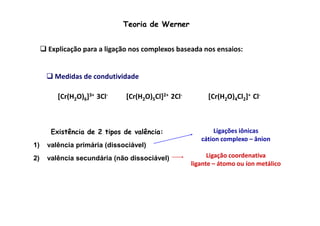 Teoria de Werner 
Explicação para a ligação nos complexos baseada nos ensaios: 
Medidas de condutividade 
[Cr(H2O)6]3+ 3Cl- [Cr(H2O)5Cl]2+ 2Cl- [Cr(H2O)4Cl2]+ Cl- 
Existência de 2 tipos de valência: 
1) valência primária (dissociável) 
2) valência secundária (não dissociável) 
Ligações iônicas 
cátion complexo – ânion 
Ligação coordenativa 
ligante – átomo ou íon metálico 
 