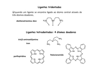 Ligantes tridentados 
 quando um ligante se encontra ligado ao átomo central através de 
três átomos doadores. 
dietilenotriamina: dien H2N NH NH2 
      
Ligantes tetradentados: 4 átomos doadores 
N 
NH 
N HN 
porfinpiridina 
N 
NH 
N HN 
N 
N 
N 
N 
NH2 
ftalocianamida 
NH2 
N 
NH2 
tris(2-aminoetil)amina 
tren 
 