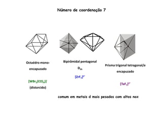 Número de coordenação 7 
Octaédro mono-encapuzado 
[WBr3(CO)4)]- 
(distorcido) 
Bipirâmidal pentagonal 
D5h 
[ZrF7]3- 
Prisma trigonal tetragonal/e 
encapuzado 
[TaF7]2- 
comum em metais d mais pesados com altos nox 
 