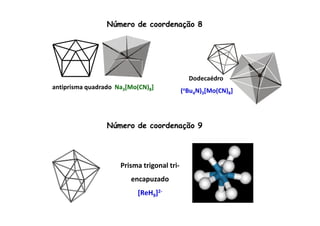 Número de coordenação 8 
antiprisma quadrado Na3[Mo(CN)8] 
Dodecaédro 
(nBu4N)3[Mo(CN)8] 
Número de coordenação 9 
Prisma trigonal tri-encapuzado 
[ReH9]2- 
 