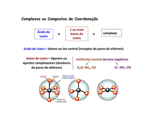 Complexos ou Compostos de Coordenação 
Ácido de 
Lewis + 
1 ou mais 
bases de 
Lewis 
= ccoommpplleexxoo 
ácido de Lewis = átomo ou íon central (receptor de pares de elétrons) 
bbaasseess ddee LLeewwiiss == lliiggaanntteess oouu moléculas neutras ou íons negativos 
agentes complexantes (doadores 
de pares de elétrons) 
H2O, NH3, CO Cl-, OH-, CN- 
 