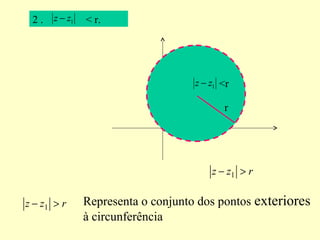 2 . < r.1zz −
1zz − <r
r
rzz >− 1
rzz >− 1
Representa o conjunto dos pontos exteriores
à circunferência
 