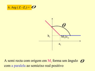 6. Arg ( Z –Z1) = θ
θ
a1
b1 M1(z1)
A semi recta com origem em M1 forma um ângulo
com a paralela ao semieixo real positivo
θ
 