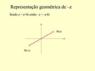 Representação geométrica de –z
Sendo z = a+bi então –z = -a-bi
M(z)
M(-z)
 