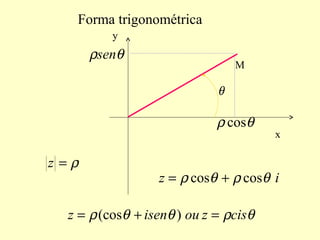 Forma trigonométrica
x
y
M
θ
θρ cos
θρsen
ρ=z
iz θρθρ coscos +=
θρθθρ ciszouisenz =+= )(cos
 