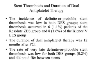 Stent Thrombosis and Duration of Dual
Antiplatelet Therapy
• The incidence of definite-or-probable stent
thrombosis was low in both DES groups; stent
thrombosis occurred in 6 (1.1%) patients of the
Resolute ZES group and 8 (1.6%) of the Xience V
EES group
• The duration of dual antiplatelet therapy was 12
months after PCI
• The rate of very late definite-or-probable stent
thrombosis was low for both DES groups (0.2%)
and did not differ between stents
 