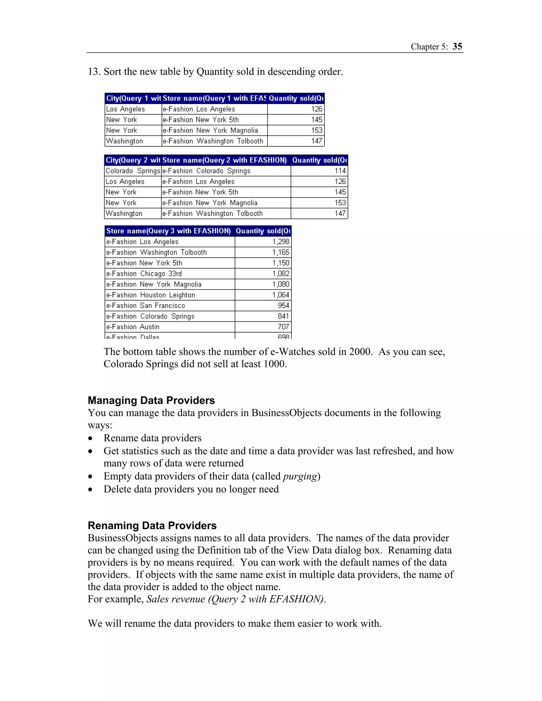 Chapter 5: 35

13. Sort the new table by Quantity sold in descending order.




   The bottom table shows the number of e-Watches sold in 2000. As you can see,
   Colorado Springs did not sell at least 1000.


Managing Data Providers
You can manage the data providers in BusinessObjects documents in the following
ways:
• Rename data providers
• Get statistics such as the date and time a data provider was last refreshed, and how
   many rows of data were returned
• Empty data providers of their data (called purging)
• Delete data providers you no longer need


Renaming Data Providers
BusinessObjects assigns names to all data providers. The names of the data provider
can be changed using the Definition tab of the View Data dialog box. Renaming data
providers is by no means required. You can work with the default names of the data
providers. If objects with the same name exist in multiple data providers, the name of
the data provider is added to the object name.
For example, Sales revenue (Query 2 with EFASHION).

We will rename the data providers to make them easier to work with.
 