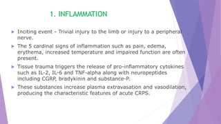 1. INFLAMMATION
 Inciting event - Trivial injury to the limb or injury to a peripheral
nerve.
 The 5 cardinal signs of inflammation such as pain, edema,
erythema, increased temperature and impaired function are often
present.
 Tissue trauma triggers the release of pro-inflammatory cytokines
such as IL-2, IL-6 and TNF-alpha along with neuropeptides
including CGRP, bradykinin and substance-P.
 These substances increase plasma extravasation and vasodilation,
producing the characteristic features of acute CRPS.
 