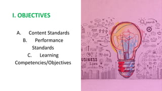 A. Content Standards
B. Performance
Standards
C. Learning
Competencies/Objectives
I. OBJECTIVES
 