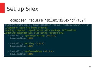10 
Set up Silex 
composer require “silex/silex”:”~1.2” 
 