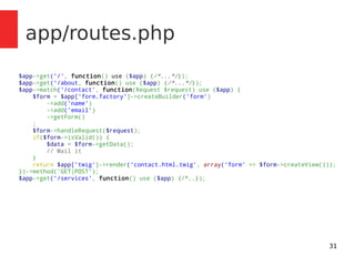 31 
app/routes.php 
$app->get('/', function() use ($app) {/*...*/}); 
$app->get('/about, function() use ($app) {/*...*/}); 
$app->match('/contact', function(Request $request) use ($app) { 
$form = $app['form.factory']->createBuilder('form') 
->add('name') 
->add('email') 
->getForm() 
; 
$form->handleRequest($request); 
if($form->isValid()) { 
$data = $form->getData(); 
// Mail it 
} 
return $app['twig']->render('contact.html.twig', array('form' => $form->createView())); 
})->method('GET|POST'); 
$app->get('/services', function() use ($app) {/*..}); 
 