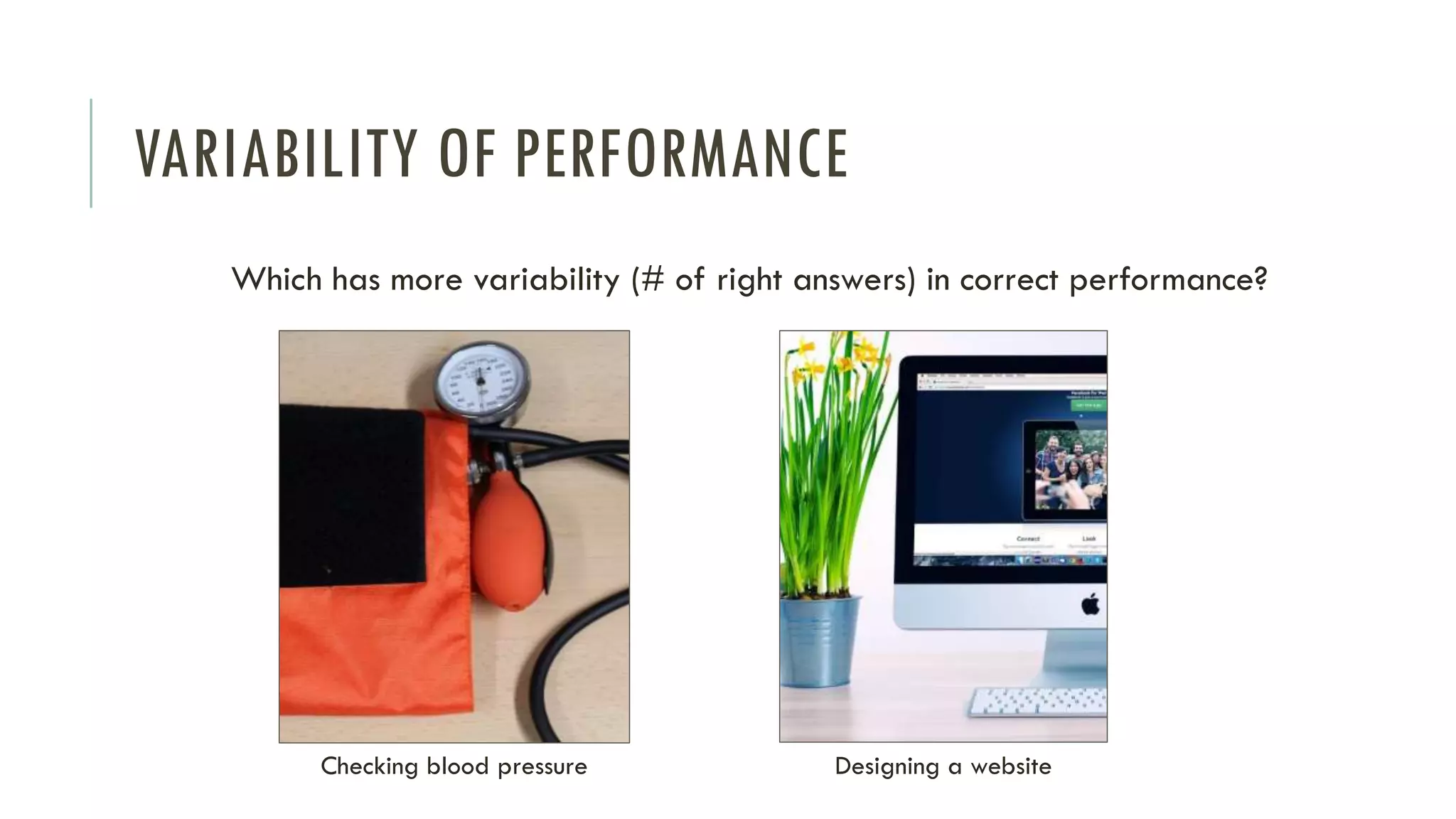 VARIABILITY OF PERFORMANCE
Which has more variability (# of right answers) in correct performance?
Checking blood pressure Designing a website
 