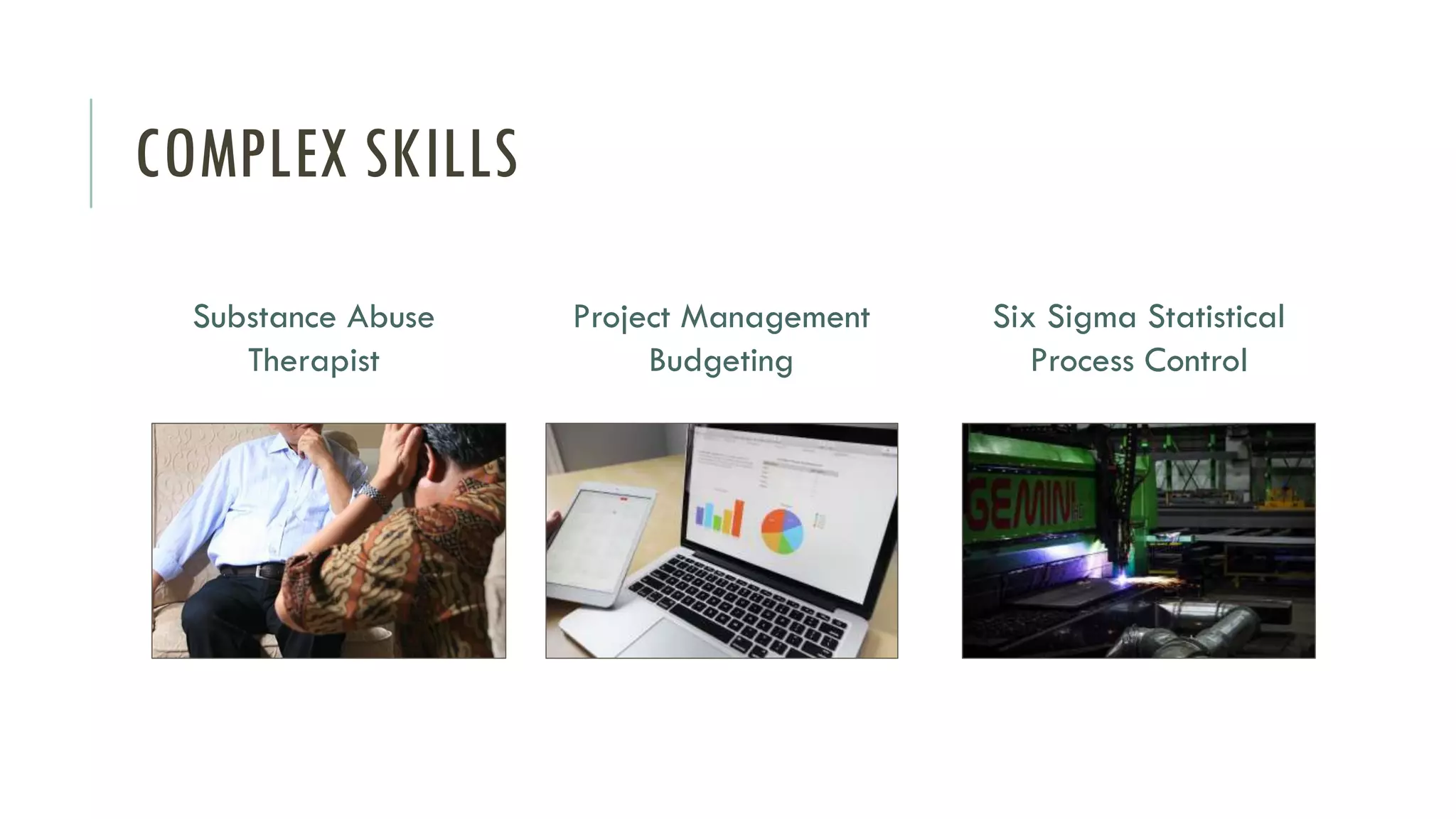 COMPLEX SKILLS
Substance Abuse
Therapist
Project Management
Budgeting
Six Sigma Statistical
Process Control
 