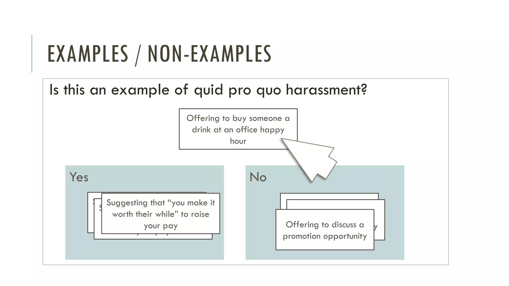 EXAMPLES / NON-EXAMPLES
Is this an example of quid pro quo harassment?
Yes No
Offering to discuss a
promotion opportunity
Offering to discuss a
promotion opportunityOffering to discuss a
promotion opportunity
Suggesting that “you make it
worth their while” to raise
your pay
Suggesting that “you make it
worth their while” to raise
your pay
Suggesting that “you make it
worth their while” to raise
your pay
Offering to buy someone a
drink at an office happy
hour
 