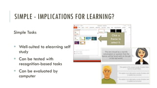 SIMPLE - IMPLICATIONS FOR LEARNING?
Simple Tasks
▪ Well-suited to elearning self
study
▪ Can be tested with
recognition-based tasks
▪ Can be evaluated by
computer
Click a
theme to
select it.
 
