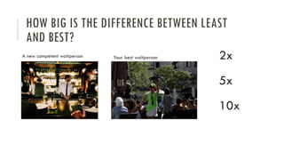 HOW BIG IS THE DIFFERENCE BETWEEN LEAST
AND BEST?
A new competent waitperson Your best waitperson 2x
5x
10x
 