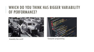WHICH DO YOU THINK HAS BIGGER VARIABILITY
OF PERFORMANCE?
Assembly line work? Computer programming
 