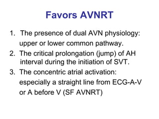Favors AVNRT
1. The presence of dual AVN physiology:
   upper or lower common pathway.
2. The critical prolongation (jump) of AH
   interval during the initiation of SVT.
3. The concentric atrial activation:
   especially a straight line from ECG-A-V
   or A before V (SF AVNRT)
 