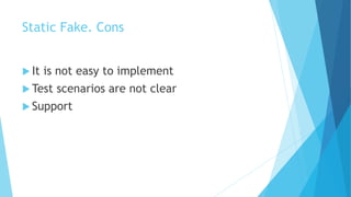 Static Fake. Cons
 It is not easy to implement
 Test scenarios are not clear
 Support
 