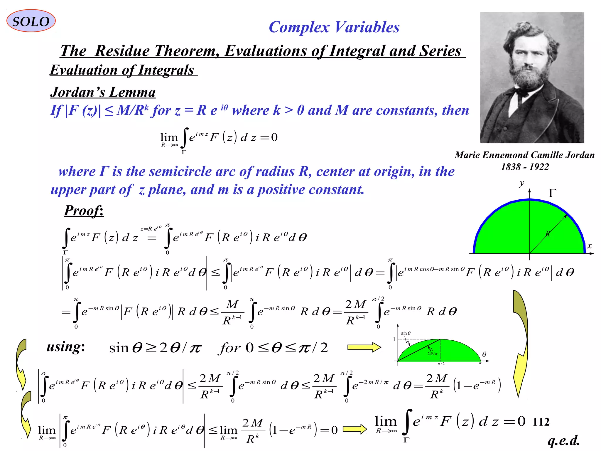 112
SOLO Complex Variables
The Residue Theorem, Evaluations of Integral and Series
Evaluation of Integrals
Jordan’s Lemma
If |F (z)| ≤ M/Rk
for z = R e iθ
where k > 0 and M are constants, then
where Γ is the semicircle arc of radius R, center at origin, in the
upper part of z plane, and m is a positive constant.
( ) 0lim =∫Γ
→∞
zdzFe zmi
R
x
y
Γ
R
Proof:
( ) 0lim =∫Γ
→∞
zdzFe zmi
R
using:
q.e.d.
( ) ( )∫∫
=
Γ
=
π
θθ
θ
θ
θ
0
deRieRFezdzFe iieRmi
eRz
zmi i
i
( ) ( ) ( )
( ) ∫∫∫
∫∫∫
−
−
−
−
−
−
=≤=
=≤
2/
0
sin
1
0
sin
1
0
sin
0
sincos
00
2
π
θ
π
θ
π
θθ
π
θθθθ
π
θθ
π
θθ
θθθ
θθθ
θθ
dRe
R
M
dRe
R
M
dReRFe
deRieRFedeRieRFedeRieRFe
Rm
k
Rm
k
iRm
iiRmRmiiieRmiiieRmi ii
2/0/2sin πθπθθ ≤≤≥ for
π2/π
1
θsin
πθ /2 θ
( ) ( )Rm
k
Rm
k
Rm
k
iieRmi
e
R
M
de
R
M
de
R
M
deRieRFe
i
−−
−
−
−
−=≤≤ ∫∫∫ 1
222
2/
0
/2
1
2/
0
sin
1
0
π
π
π
θ
π
θθ
θθθ
θ
( ) ( ) 01
2
limlim
0
=−≤ −
→∞→∞ ∫
Rm
kR
iieRmi
R
e
R
M
deRieRFe
i
π
θθ
θ
θ
Marie Ennemond Camille Jordan
1838 - 1922
 