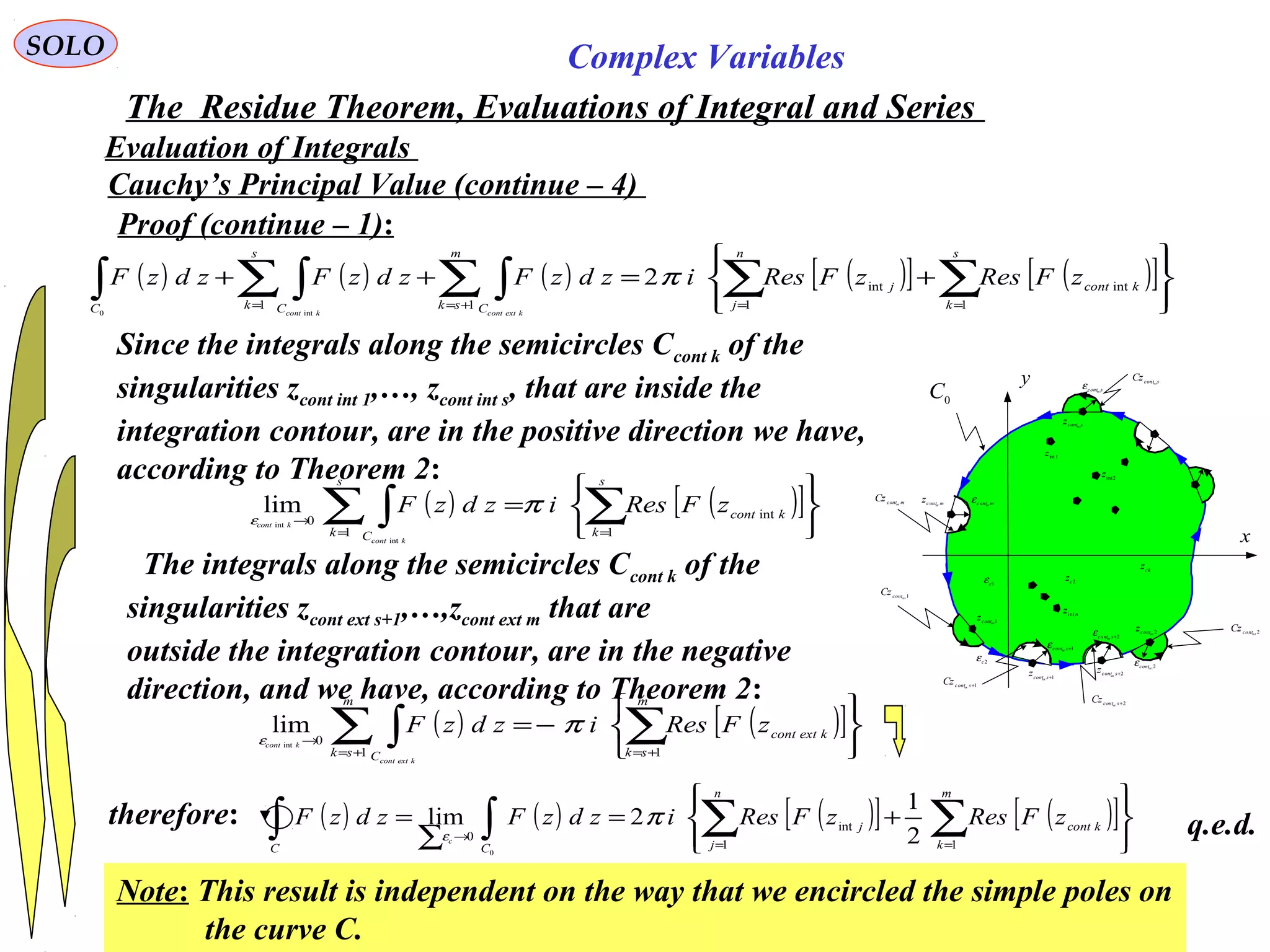 121
SOLO Complex Variables
The Residue Theorem, Evaluations of Integral and Series
Evaluation of Integrals
Cauchy’s Principal Value (continue – 4)
Proof (continue – 1):
x
y
1intz
2intz
n
zint
1+scontext
z
2cz
ck
z
1c
ε
2cε
0
C
2+scontext
z
1intcont
z
2intcontz
mcontext
z
scontz int
scontin t
ε
mcontext
ε
2in tcont
ε
2+scontext
ε
1+scontext
ε
2intcontCz
2+scontext
Cz
1+scontext
Cz
1intcont
Cz
mcontext
Cz
scont
Cz int
( ) ( )[ ]






= ∑∑ ∫ ==
→
s
k
kcont
s
k C
zFResizdzF
kcont
kcont
1
int
1
0
int
int
lim πε
The integrals along the semicircles Ccont k of the
singularities zcont ext s+1,…,zcont ext m that are
outside the integration contour, are in the negative
direction, and we have, according to Theorem 2:
( ) ( ) ( )[ ] ( )[ ]








+== ∑∑∫∫ ==
→
∑
m
k
kcont
n
j
j
CC
zFReszFResizdzFzdzF
c
11
int
0 2
1
2lim
0
π
ε
therefore:
Since the integrals along the semicircles Ccont k of the
singularities zcont int 1,…, zcont int s, that are inside the
integration contour, are in the positive direction we have,
according to Theorem 2:
( ) ( )[ ]






−= ∑∑ ∫ +=+=
→
m
sk
kextcont
m
sk C
zFResizdzF
kextcont
kcont
11
0int
lim πε
( ) ( ) ( ) ( )[ ] ( )[ ]








+=++ ∑∑∑ ∫∑ ∫∫ ==+==
s
k
kcont
n
j
j
m
sk C
s
k CC
zFReszFResizdzFzdzFzdzF
kextcontkcont
1
int
1
int
11
2
int0
π
Note: This result is independent on the way that we encircled the simple poles on
the curve C.
q.e.d.
 