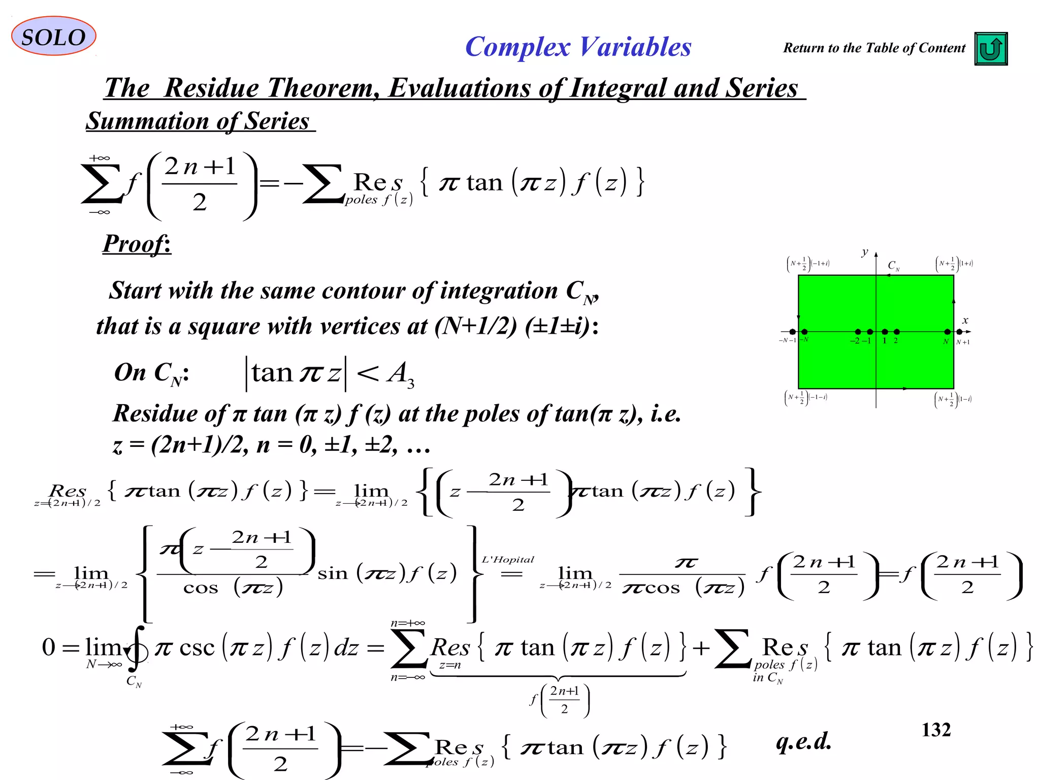 132
SOLO Complex Variables
The Residue Theorem, Evaluations of Integral and Series
Summation of Series
Proof:
Start with the same contour of integration CN,
that is a square with vertices at (N+1/2) (±1±i): x
y
( )iN −−





+ 1
2
1
1 2 N 1+N1−−N N− 1−2−
( )iN −





+ 1
2
1
( )iN +





+ 1
2
1
( )iN +−





+ 1
2
1
N
C
On CN: 3
tan Az <π
( )
( ) ( ){ }zfzs
n
f
zfpoles
ππ tanRe
2
12
∑∑ −=




 ++∞
∞−
Residue of π tan (π z) f (z) at the poles of tan(π z), i.e.
z = (2n+1)/2, n = 0, ±1, ±2, …
( )
( ) ( ){ } ( )
( ) ( )
( ) ( )
( ) ( ) ( ) ( )





 +
=




 +
=



















 +
−
=











 +
−=
+→+→
+→+=
2
12
2
12
cos
limsin
cos
2
12
lim
tan
2
12
limtan
2/12
'
2/12
2/122/12
n
f
n
f
z
zfz
z
n
z
zfz
n
zzfzRes
nz
HopitalL
nz
nznz
ππ
π
π
π
π
ππππ
( ) ( ) ( ) ( ){ } ( )
( ) ( ){ }zfzszfzResdzzfz
NN
Cin
zfpoles
n
n
n
f
nz
C
N
ππππππ tanRetancsclim0
2
12
∑∑∫ +==
+∞=
−∞=





 +
=→∞
  
( )
( ) ( ){ }zfzs
n
f
zfpoles
ππ tanRe
2
12
∑∑ −=




 ++∞
∞−
q.e.d.
Return to the Table of Content
 