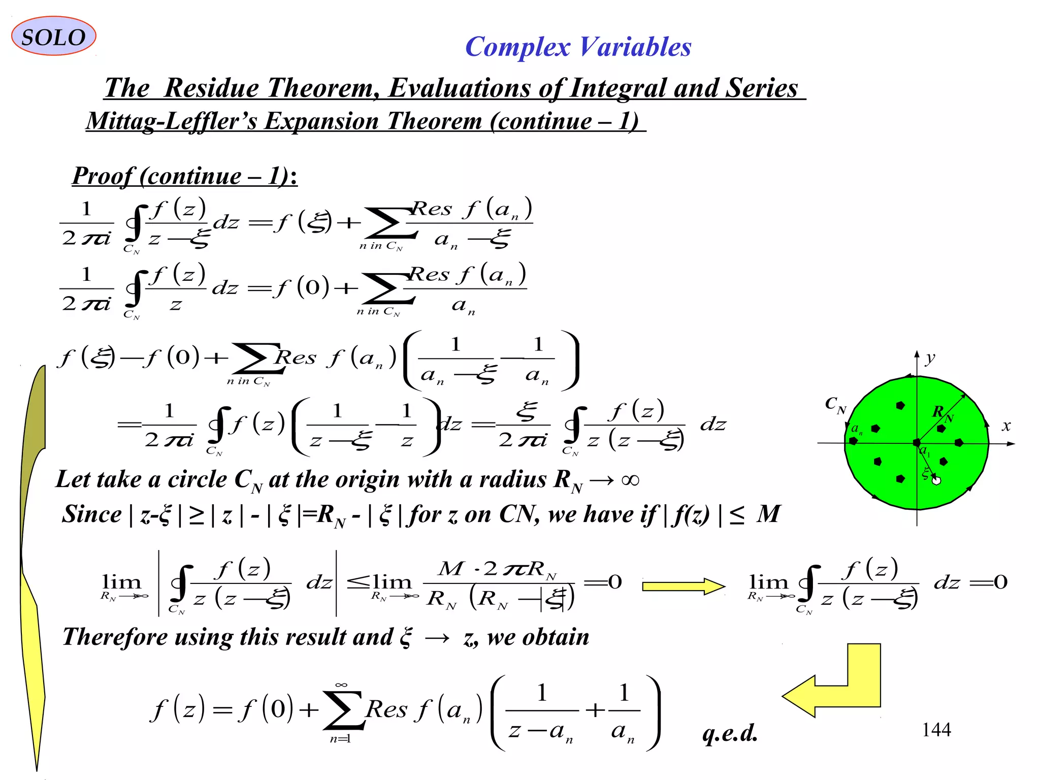 144
SOLO Complex Variables
The Residue Theorem, Evaluations of Integral and Series
Mittag-Leffler’s Expansion Theorem (continue – 1)
C
x
y
RN
1
a
n
a
CN
ξ
Proof (continue – 1):
Let take a circle CN at the origin with a radius RN → ∞
( ) ( ) ( )
∑∫ −
+=
− N
N
Cinn n
n
C
a
afRes
fdz
z
zf
i ξ
ξ
ξπ2
1
( ) ( ) ( )
∑∫ +=
N
N
Cinn n
n
C
a
afRes
fdz
z
zf
i
0
2
1
π
( ) ( ) ( )
( ) ( )
( )∫∫
∑
−
=





−
−
=








−
−
+−
NN
N
CC
Cinn nn
n
dz
zz
zf
i
dz
zz
zf
i
aa
afResff
ξπ
ξ
ξπ
ξ
ξ
2
11
2
1
11
0
Since | z-ξ | ≥ | z | - | ξ |=RN - | ξ | for z on CN, we have if | f(z) | ≤ M
( )
( ) ( ) 0
2
limlim =
−
⋅
≤
− →∞→∞ ∫ ξ
π
ξ NN
N
R
C
R
RR
RM
dz
zz
zf
N
N
N
( )
( )
0lim =
−∫→∞
N
N
C
R
dz
zz
zf
ξ
( ) ( ) ( )∑
∞
=








+
−
+=
1
11
0
n nn
n
aaz
afResfzf
Therefore using this result and ξ → z, we obtain
q.e.d.
 