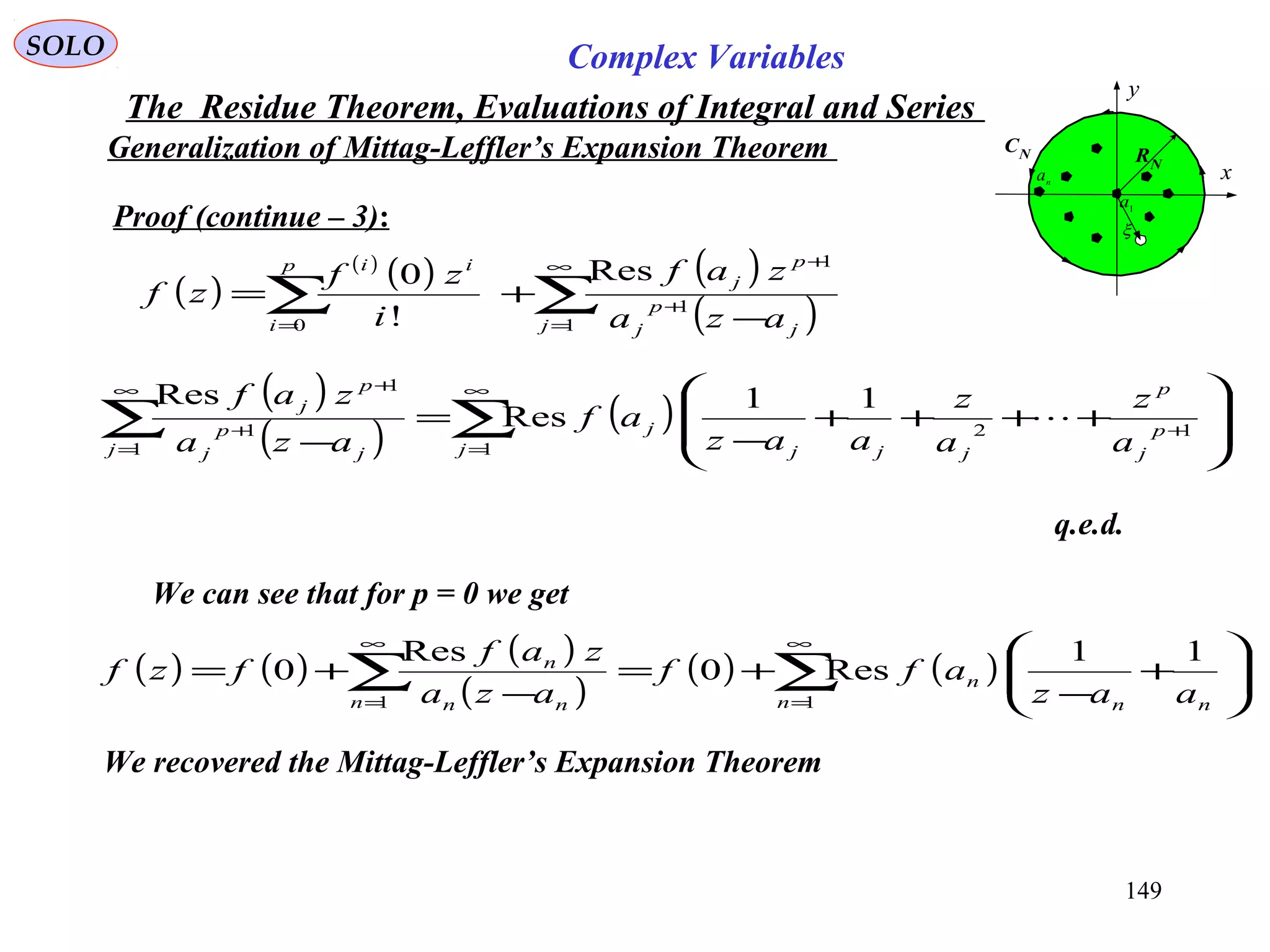 149
SOLO Complex Variables
The Residue Theorem, Evaluations of Integral and Series
Generalization of Mittag-Leffler’s Expansion Theorem
We can see that for p = 0 we get
C
x
y
RN
1
a
n
a
CN
ξ
( ) ( ) ( )
( )
( ) ( )∑∑
∞
=
∞
=






+
−
+=
−
+=
11
11
Res0
Res
0
n nn
n
n nn
n
aaz
aff
aza
zaf
fzf
We recovered the Mittag-Leffler’s Expansion Theorem
( )
( )
( ) ( )
( )∑∑
∞
=
+
+
= −
+=
1
1
1
0
Res
!
0
j j
p
j
p
j
p
i
ii
aza
zaf
i
zf
zf
( )
( )
( )∑∑
∞
=
+
∞
=
+
+








++++
−
=
− 1
12
1
1
1
11
Res
Res
j
p
j
p
jjj
j
j j
p
j
p
j
a
z
a
z
aaz
af
aza
zaf

q.e.d.
Proof (continue – 3):
 