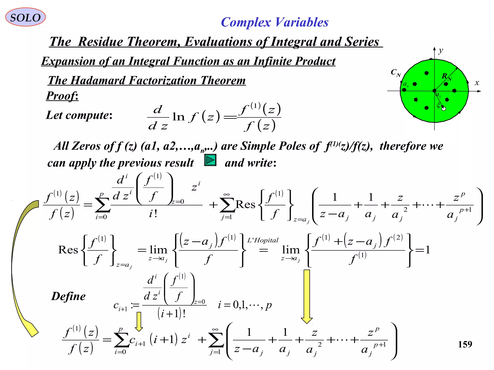 159
SOLO Complex Variables
The Residue Theorem, Evaluations of Integral and Series
Expansion of an Integral Function as an Infinite Product
Proof:
C
x
y
RN
1
a
n
a
CN
ξ
Let compute: ( )
( )
( )
( )zf
zf
zf
zd
d 1
ln =
( ) ( ) ( ) ( )
( ) ( )
( ) 1limlimRes 1
21'11
=







 −+
=







 −
=






→→
=
f
fazf
f
faz
f
f j
az
HopitalL
j
az
az
jj
j
Define
( )
( )
pi
i
f
f
zd
d
c z
i
i
i ,,1,0
!1
: 0
1
1 =
+






= =
+
( )
( )
( )
( ) ∑∑
∞
=
+
=
+








++++
−
++=
1
12
0
1
1
11
1
j
p
j
p
jjj
p
i
i
i
a
z
a
z
aaz
zic
zf
zf

All Zeros of f (z) (a1, a2,…,an,..) are Simple Poles of f(1)(
z)/f(z), therefore we
can apply the previous result and write:
( )
( )
( )
( )
( )
∑∑
∞
=
+
==
=








++++
−





+






=
1
12
1
0
0
1
1
11
Res
! j
p
j
p
jjjaz
p
i
i
z
i
i
a
z
a
z
aazf
f
i
z
f
f
zd
d
zf
zf
j

The Hadamard Factorization Theorem
 
