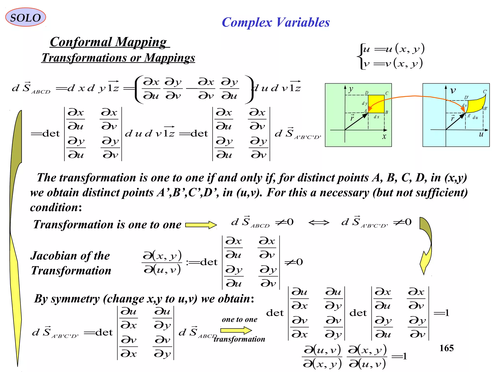 165
SOLO Complex Variables
Conformal Mapping
Transformations or Mappings
( )
( )


=
=
yxvv
yxuu
,
,
The transformation is one to one if and only if, for distinct points A, B, C, D, in (x,y)
we obtain distinct points A’,B’,C’,D’, in (u,v). For this a necessary (but not sufficient)
condition:
''''det1det
11
DCBA
ABCD
Sd
v
y
u
y
v
x
u
x
zvdud
v
y
u
y
v
x
u
x
zvdud
u
y
v
x
v
y
u
x
zydxdSd


∂
∂
∂
∂
∂
∂
∂
∂
=
∂
∂
∂
∂
∂
∂
∂
∂
=






∂
∂
∂
∂
−
∂
∂
∂
∂
==
Transformation is one to one 00 ''''
≠⇔≠ DCBAABCD
SdSd

( )
( )
0det:
,
,
≠
∂
∂
∂
∂
∂
∂
∂
∂
=
∂
∂
v
y
u
y
v
x
u
x
vu
yxJacobian of the
Transformation
By symmetry (change x,y to u,v) we obtain:
ABCDDCBA Sd
y
v
x
v
y
u
x
u
Sd

∂
∂
∂
∂
∂
∂
∂
∂
=det''''
1detdet =
∂
∂
∂
∂
∂
∂
∂
∂
∂
∂
∂
∂
∂
∂
∂
∂
v
y
u
y
v
x
u
x
y
v
x
v
y
u
x
u
one to one
transformation
( )
( )
( )
( )
1
,
,
,
,
=
∂
∂
∂
∂
vu
yx
yx
vu
x
y
u
v
r
 xd
yd
r
 ud
vd
A B
CD
'A
'B
'C
'D
 