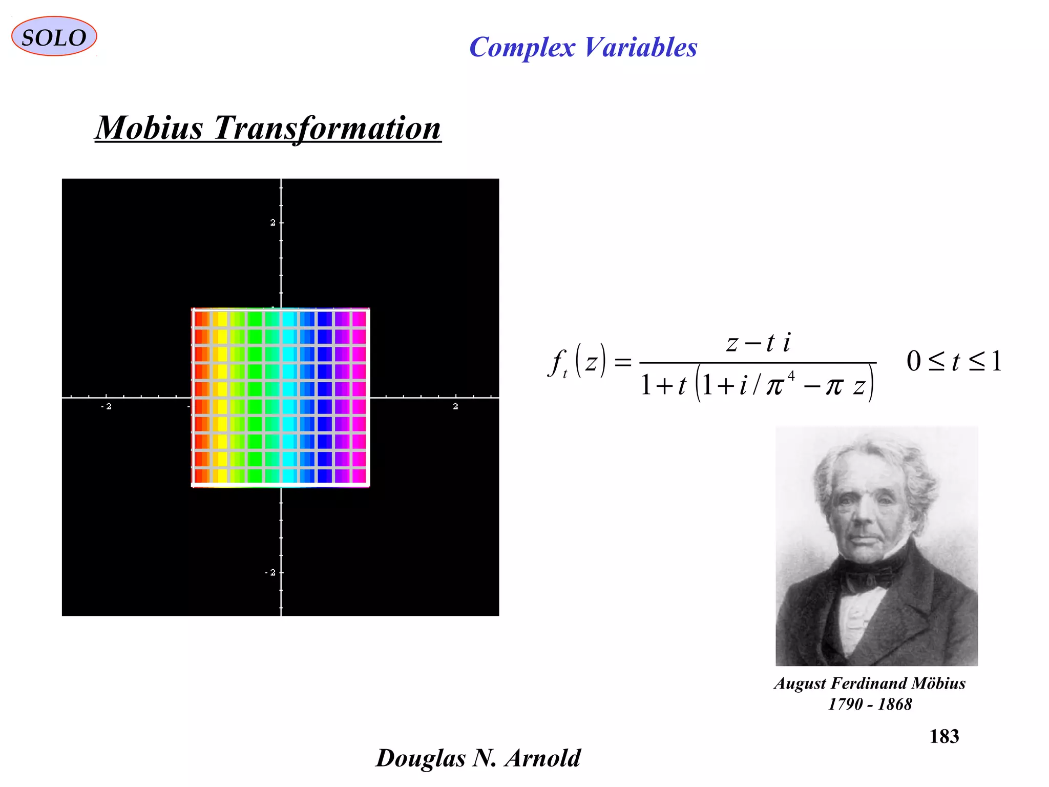 183
SOLO Complex Variables
Mobius Transformation
Douglas N. Arnold
( )
( )
10
/11 4
≤≤
−++
−
= t
zit
itz
zft
ππ
August Ferdinand Möbius
1790 - 1868
 