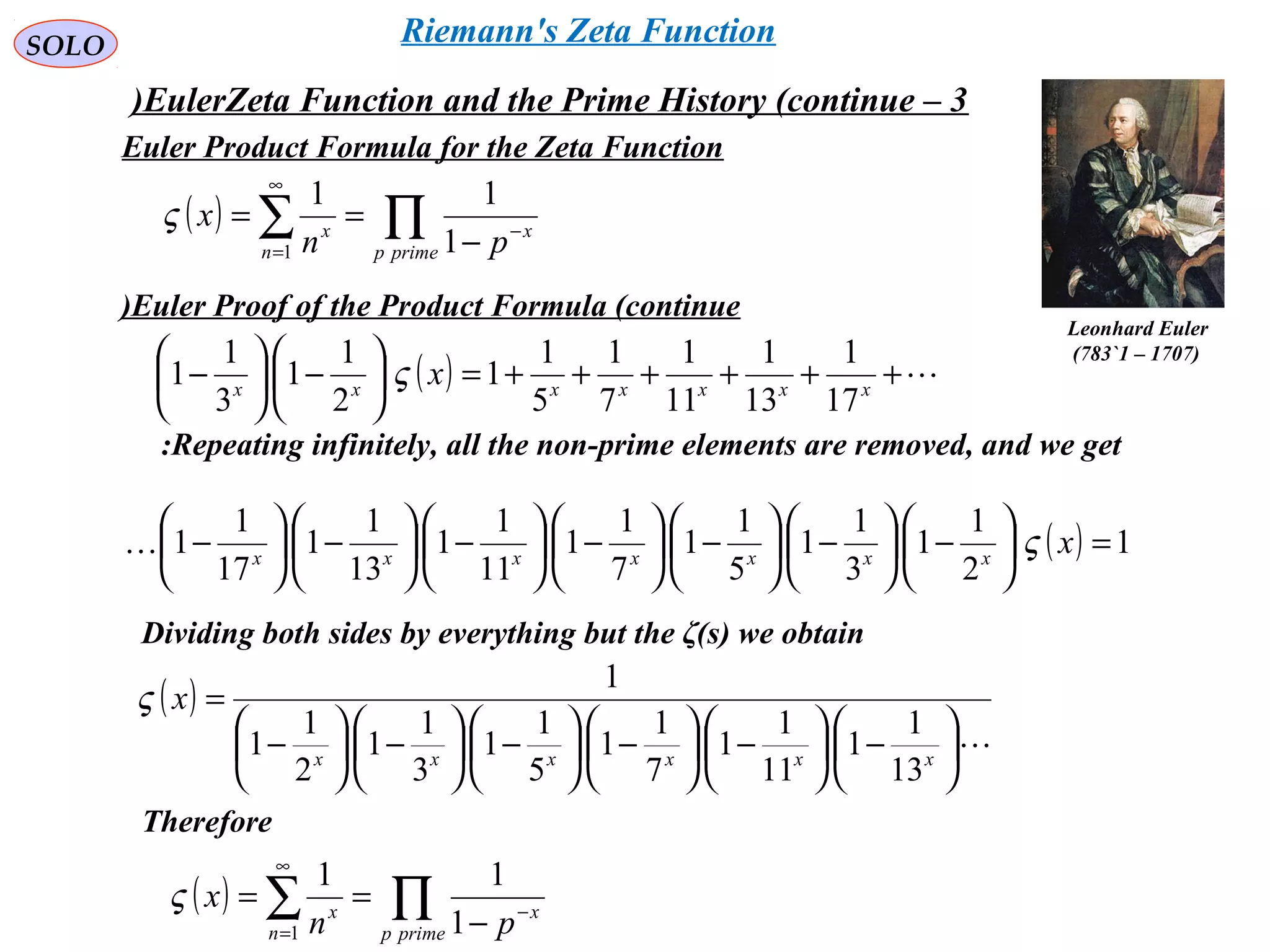 SOLO
Leonhard Euler
)1707–1`783(
Euler Product Formula for the Zeta Function
( ) ∏∑ −
∞
= −
==
primep
x
n
x
pn
x
1
11
1
ς
Euler Proof of the Product Formula (continue)
( ) ++++++=





−





− xxxxxxx
x
17
1
13
1
11
1
7
1
5
1
1
2
1
1
3
1
1 ς
Repeating infinitely, all the non-prime elements are removed, and we get:
( ) 1
2
1
1
3
1
1
5
1
1
7
1
1
11
1
1
13
1
1
17
1
1 =





−





−





−





−





−





−





− xxxxxxxx
ς
Dividing both sides by everything but the ζ(s) we obtain
( )






−





−





−





−





−





−
=
xxxxxx
x
13
1
1
11
1
1
7
1
1
5
1
1
3
1
1
2
1
1
1
ς
Therefore
( ) ∏∑ −
∞
= −
==
primep
x
n
x
pn
x
1
11
1
ς
EulerZeta Function and the Prime History (continue – 3)
Riemann's Zeta Function
 