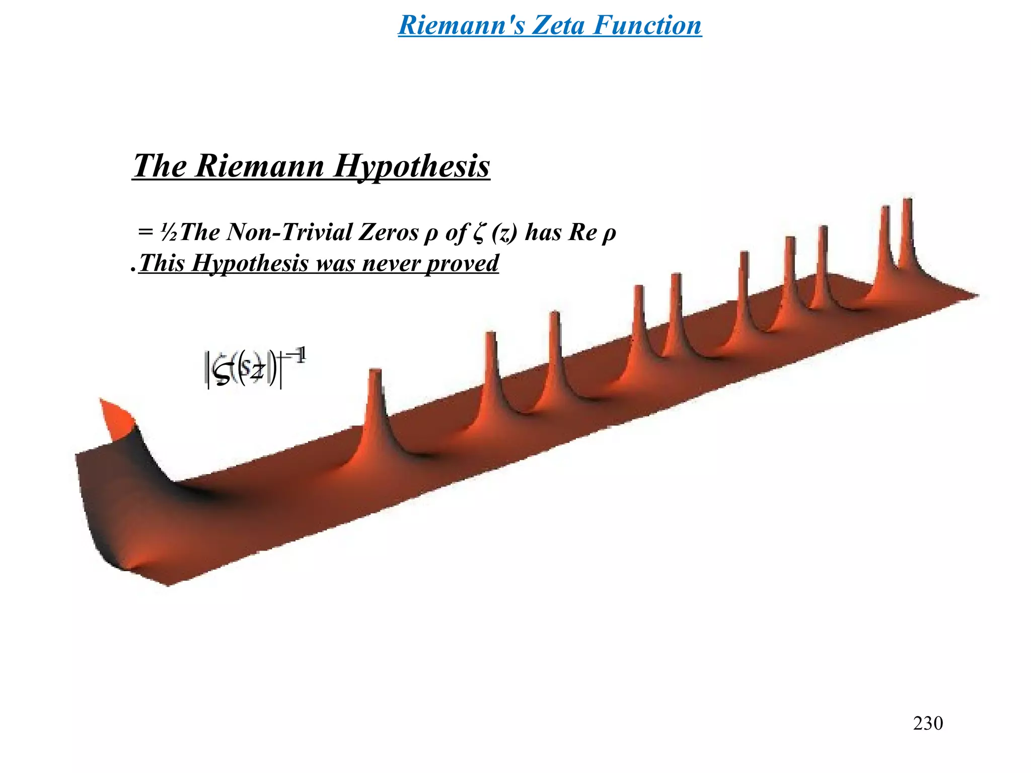 230
Riemann's Zeta Function
The Riemann Hypothesis
The Non-Trivial Zeros ρ of ζ (z) has Re ρ= ½
This Hypothesis was never proved.
( ) 1−
zς
 