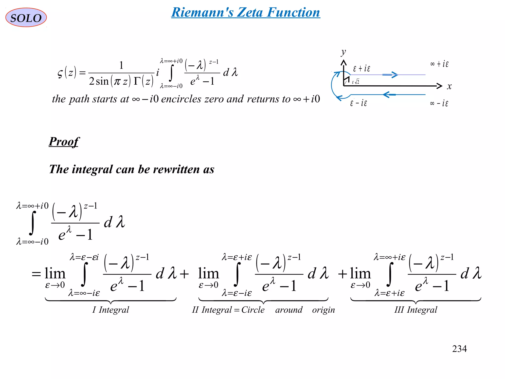 234
SOLO
Proof
The integral can be rewritten as
( )
( ) ( )
( )
00
1sin2
1
0
0
1
itoreturnsandzeroencirclesiatstartspaththe
d
e
i
zz
z
i
i
z
+∞−∞
−
−
Γ
= ∫
+∞=
−∞=
−λ
λ
λ
λ
λ
π
ς
εi−∞
εi+∞
y
x
εε i+
εε i−
2ε
( )
( ) ( ) ( )
      
IntegralIII
i
i
z
originaroundCircleIntegralII
i
i
z
IntegralI
i
i
z
i
i
z
d
e
d
e
d
e
d
e
∫∫∫
∫
+∞=
+=
−
→
=
+=
−=
−
→
−=
−∞=
−
→
+∞=
−∞=
−
−
−
+
−
−
+
−
−
=
−
−
ελ
εελ
λε
εελ
εελ
λε
εελ
ελ
λε
λ
λ
λ
λ
λ
λ
λ
λ
λ
λ
λ
1
lim
1
lim
1
lim
1
1
0
1
0
1
0
0
0
1
Riemann's Zeta Function
 