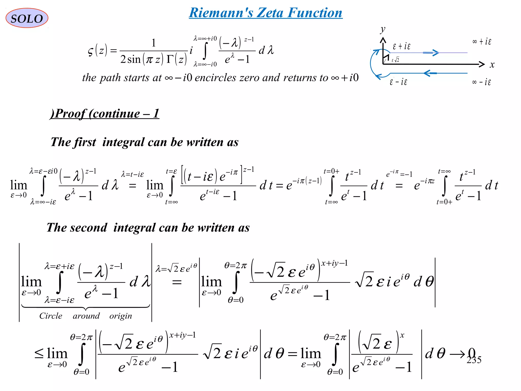 235
SOLO
Proof (continue – 1)
The first integral can be written as
εi−∞
εi+∞
y
x
εε i+
εε i−
2ε
( ) ( )[ ] ( )
∫∫∫∫
∞=
+=
−
−
−=+=
∞=
−
−−
=
∞=
−
−−
→
−=−=
−∞=
−
→ −
=
−
=
−
−
=
−
−
− t
t
t
z
zi
et
t
t
z
zi
t
t
it
ziiti
i
z
td
e
t
etd
e
t
etd
e
eit
d
e
i
0
110 1
1
1
0
0 1
0 111
lim
1
lim ππ
ε
ε
π
ε
ελεελ
ελ
λε
π
ε
λ
λ
The second integral can be written as
( ) ( )
( ) ( ) 0
1
2
lim2
1
2
lim
2
1
2
lim
1
lim
2
0
20
2
0
2
1
0
2
0
2
1
0
21
0
→
−
=
−
−
≤
−
−
=
−
−
∫∫
∫∫
=
=
→
=
=
−+
→
=
=
−+
→
=+=
−=
−
→
πθ
θ
εε
πθ
θ
θ
ε
θ
ε
πθ
θ
θ
ε
θ
ε
ελεελ
εελ
λε
θ
ε
θε
ε
θε
ε
λ
λ
θθ
θ
θ
d
e
dei
e
e
dei
e
e
d
e
ii
i
i
e
x
i
e
iyxi
i
e
iyxie
originaroundCircle
i
i
z
  
( )
( ) ( )
( )
00
1sin2
1
0
0
1
itoreturnsandzeroencirclesiatstartspaththe
d
e
i
zz
z
i
i
z
+∞−∞
−
−
Γ
= ∫
+∞=
−∞=
−λ
λ
λ
λ
λ
π
ς
Riemann's Zeta Function
 