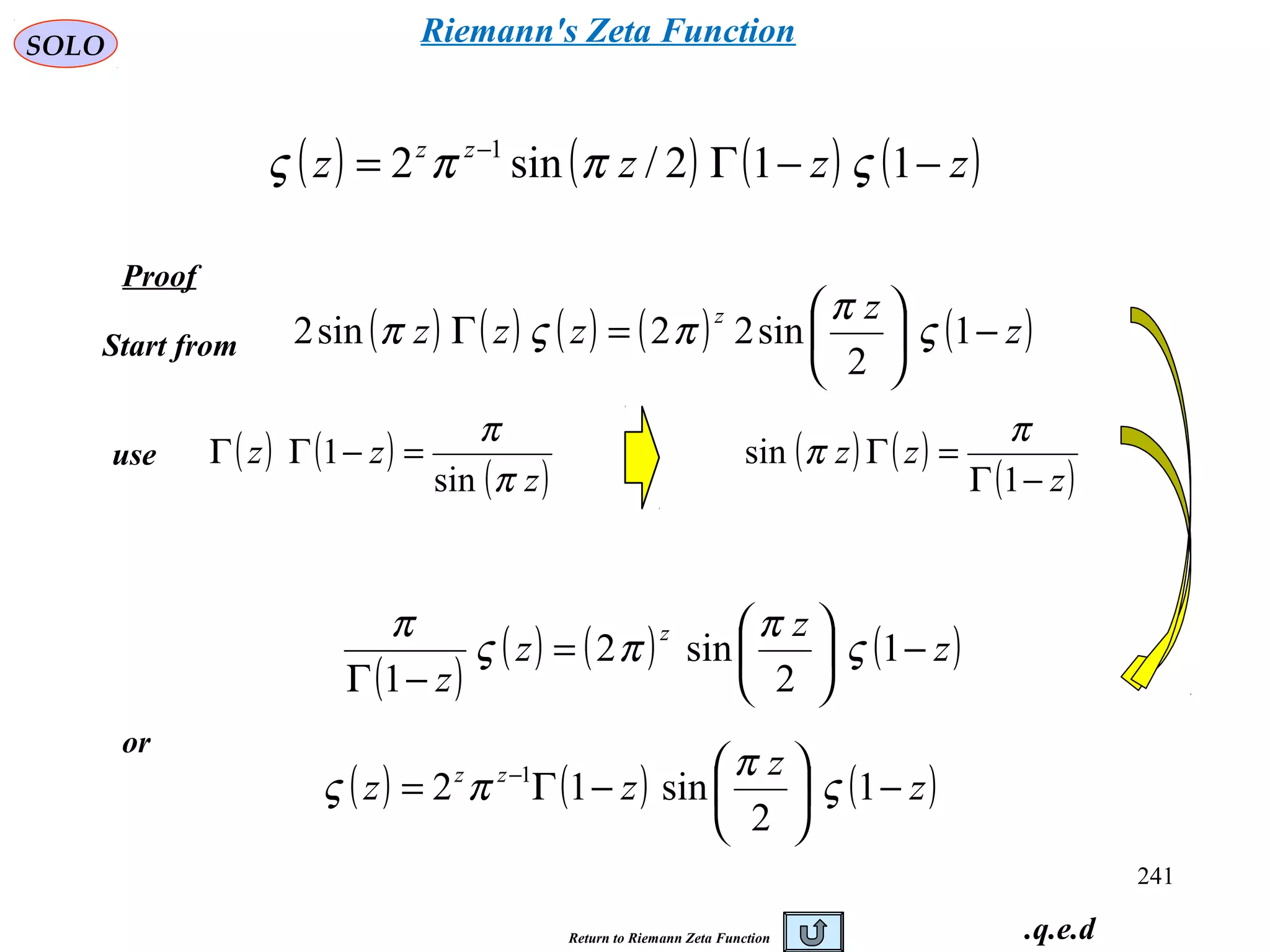 241
SOLO
Proof
( ) ( ) ( ) ( )zzzz zz
−−Γ= −
112/sin2 1
ςππς
Start from
use
( ) ( ) ( ) ( ) ( )z
z
zzz
z
−





=Γ 1
2
sin22sin2 ς
π
πςπ
( ) ( )
( )z
zz
π
π
sin
1 =−ΓΓ ( ) ( )
( )z
zz
−Γ
=Γ
1
sin
π
π
or
( )
( ) ( ) ( )z
z
z
z
z
−





=
−Γ
1
2
sin2
1
ς
π
πς
π
( ) ( ) ( )z
z
zz zz
−





−Γ= −
1
2
sin12 1
ς
π
πς
q.e.d.Return to Riemann Zeta Function
Riemann's Zeta Function
 