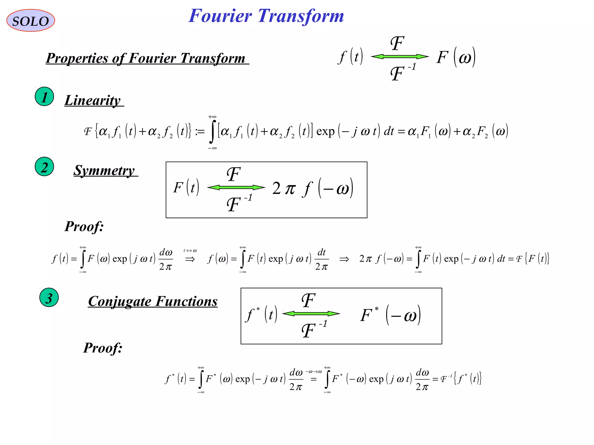 Fourier TransformSOLO
( )tf
-1
F
F
( )ωFProperties of Fourier Transform
Linearity1
( ) ( ){ } ( ) ( )[ ] ( ) ( ) ( )ωαωαωαααα 221122112211 exp: FFdttjtftftftf +=−+=+ ∫
+∞
∞−
F
Symmetry2
( )tF
-1
F
F
( )ωπ −f2
( ) ( ) ( ) ( ) ( ) ( ) ( ) ( ) ( ) ( ){ }tFdttjtFf
dt
tjtFf
d
tjFtf
t
F=−=−⇒=⇒= ∫∫∫
+∞
∞−
+∞
∞−
↔
+∞
∞−
ωωπ
π
ωω
π
ω
ωω
ω
exp2
2
exp
2
exp
Proof:
Conjugate Functions3
( )tf *
-1
F
F
( )ω−*
F
Proof:
( ) ( ) ( ) ( ) ( ) ( ){ }tf
d
tjF
d
tjFtf ****
2
exp
2
exp 1-
F=−=−= ∫∫
+∞
∞−
→−
+∞
∞−
π
ω
ωω
π
ω
ωω
ωω
 
