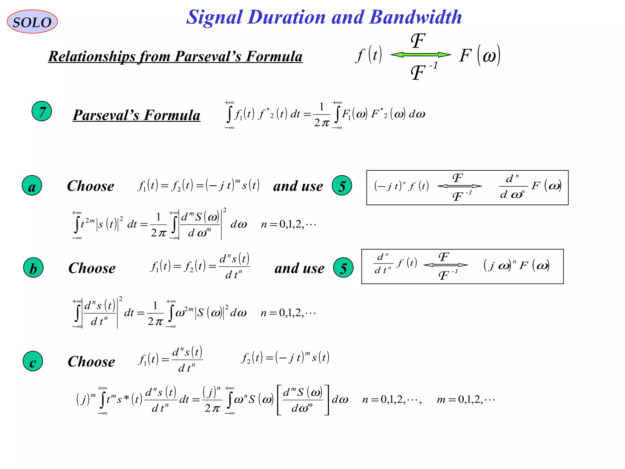 Signal Duration and BandwidthSOLO
( )tf
-1
F
F
( )ωFRelationships from Parseval’s Formula
( ) ( ) ( ) ( )∫∫
+∞
∞−
+∞
∞−
= ωωω
π
dFFdttftf 2
*
12
*
1
2
1
Parseval’s Formula7
Choose ( ) ( ) ( ) ( )tstjtftf
m
−== 21
( ) ( ) ,2,1,0
2
1
2
22
== ∫∫
∞+
∞−
∞+
∞−
nd
d
Sd
dttst m
m
m
ω
ω
ω
π
( ) ( )tftj
n
−
-1
F
F ( )ω
ω
F
d
d
n
n
and use 5a
Choose ( ) ( ) ( )
n
n
td
tsd
tftf == 21 and use 5b
( )tf
td
d
n
n
-1
F
F
( ) ( )ωω Fj
n
( ) ( ) ,2,1,0
2
1 22
2
== ∫∫
∞+
∞−
∞+
∞−
ndSdt
td
tsd m
n
n
ωωω
π
Choosec
( ) ( ) ( ) ( ) ( ) ( )  ,2,1,0,,2,1,0
2
* ==





= ∫∫
+∞
∞−
+∞
∞−
mnd
d
Sd
S
j
dt
td
tsd
tstj m
m
n
n
n
n
mm
ω
ω
ω
ωω
π
( ) ( )
n
n
td
tsd
tf =1
( ) ( ) ( )tstjtf
m
−=2
 